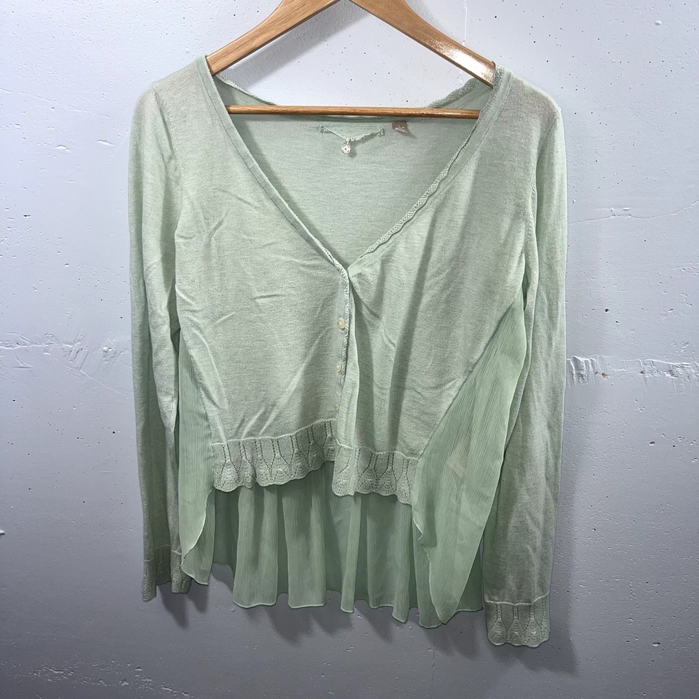 Anthropologie United & Knotted Mint Green Sheer Ruffle Cardigan Sweater Large